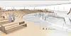 Arkitektonisk visualisering af et lyst torv med træterrasser, buede bænke og mennesker.
